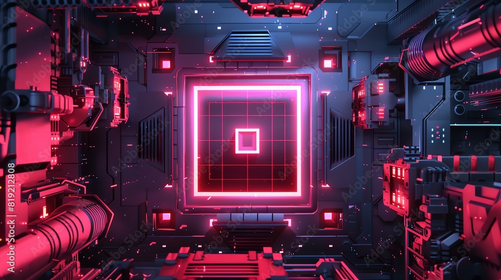 Poster futuristic glowing neon red square tunnel with tech elements, showing a high-tech cyber aesthetic. p