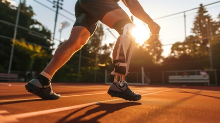medical treatment images of male athletes with prosthetic legs in sports stadiums and running tracks Sports and technology concepts