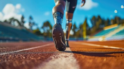 medical treatment images of male athletes with prosthetic legs in sports stadiums and running tracks Sports and technology concepts