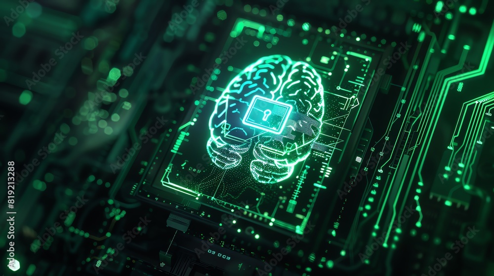 Poster futuristic digital lock icon with an ai brain interface, surrounded by digital neural networks, cybe