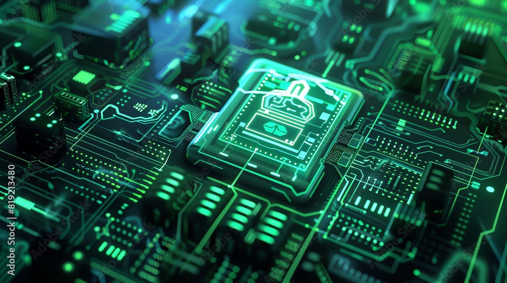 Poster close-up of a futuristic green digital circuit board with intricate details and glowing components, 