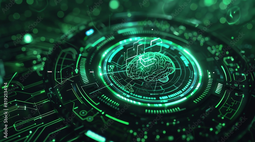 Poster futuristic ai concept with a digital brain, showcasing advanced technology with green holographic el