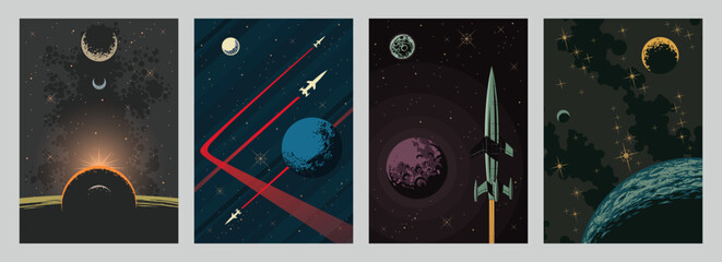 Cosmic Panorama Set, Space Background Templates for Cosmic Posters, Covers, Illustrations. Stars, Planeets, Space Rockets 