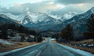 empty highway into beautiful snow capped rocky mountains.