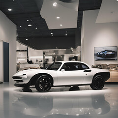 white car with side pose in show room