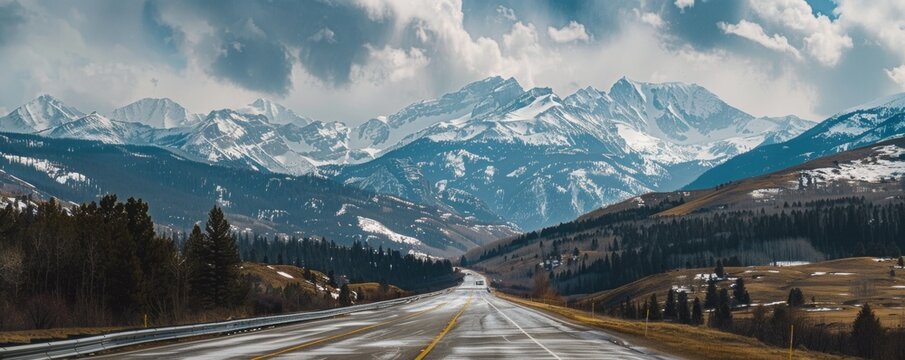 empty highway into beautiful snow capped rocky mountains.
