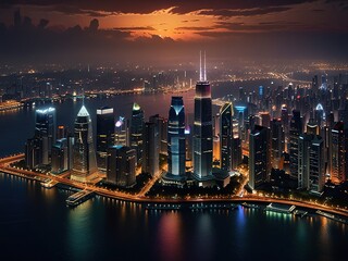 New overhead view of a bustling city at night featuring illuminated skyscrapers busy streets and vibrant city lights