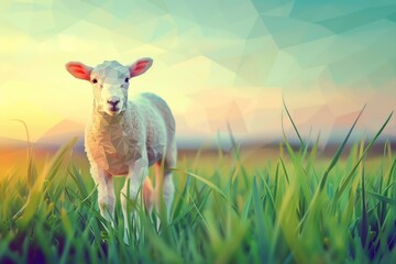 Obraz premium A peaceful scene of a lamb standing in a grassy field at sunset. Perfect for nature or agriculture concepts