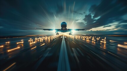 Takeoff of an airplane on an airport runway, air transport navigation Innovative airplane travel concept future technology Cargo travel on night flights. light motion blur