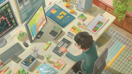 Detailed illustration of a Financial Officer in the workplace with spreadsheets and charts