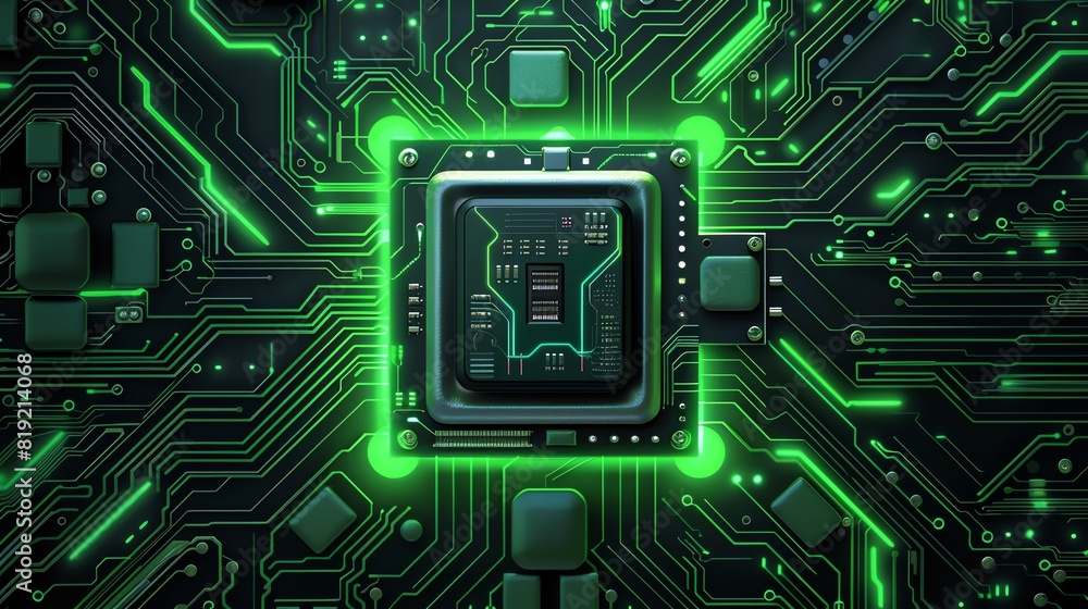 Poster close-up of a microchip on a green circuit board with glowing pathways, representing advanced techno