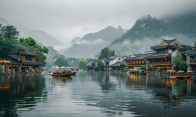 Fototapeta premium water village with house above the river. lotus plants and wooden traditional boat on the water surface. beautiful cliffs in the background.