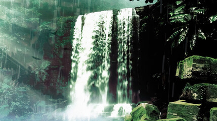 Jungle Waterfalls: The Cascading Beauty of Hidden Falls - Visualize a scene where jungle waterfalls tumble down moss-covered rocks, their gentle roar adding to the symphony of sounds in the lush