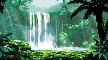 Jungle Waterfalls: The Cascading Beauty of Hidden Falls - Visualize a scene where jungle waterfalls tumble down moss-covered rocks, their gentle roar adding to the symphony of sounds in the lush