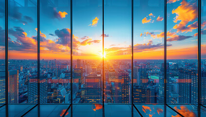 A modern city skyline with tall buildings and glass windows at sunset, representing the corporate environment of financial floor space for presentation or meeting room design. 