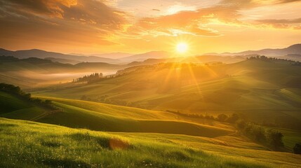 A breathtaking sunrise over a tranquil countryside landscape, with golden light illuminating the rolling hills and meadows