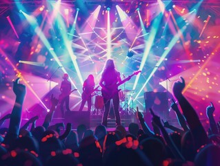 A dynamic concert scene with a rock band performing on stage, bathed in colorful stage lights and...