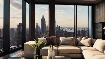 Modern Living Room with Floor-to-Ceiling Windows Offering Panoramic Cityscape View of New York City