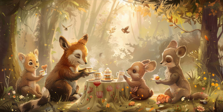 Fototapeta A whimsical illustration of cute woodland animals having a tea party in the forest