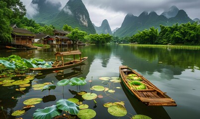 water village with house above the river. lotus plants and wooden traditional boat on the water surface. beautiful cliffs in the background.