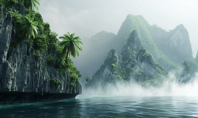 tropical coast with rocky cliffs on the both sides in the foggy day.