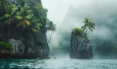 tropical coast with rocky cliffs on the both sides in the foggy day.