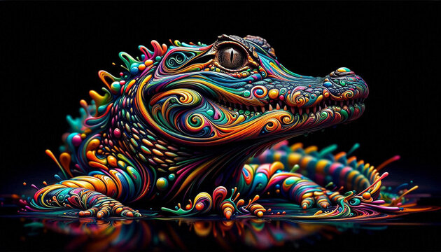 Abstract rainbow paint splatter crocodile jungle animal on a solid black background