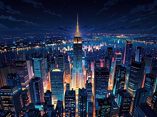 New overhead view of a bustling city at night featuring illuminated skyscrapers busy streets and vibrant city lights