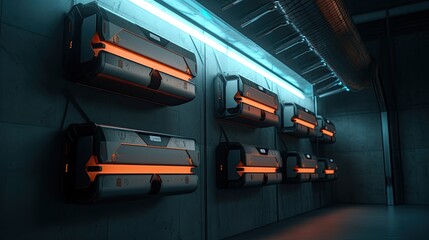 Futuristic server room interior with neon lights