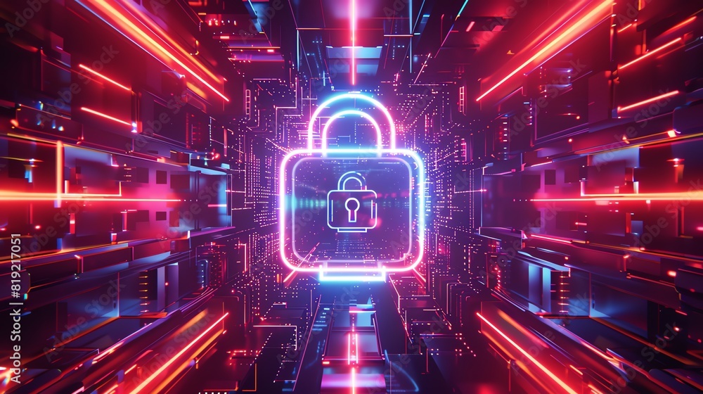 Poster Futuristic digital padlock glowing in a high-tech network tunnel, symbolizing advanced cybersecurity and data protection concepts.