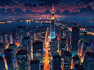 Fototapeta premium New overhead view of a bustling city at night featuring illuminated skyscrapers busy streets and vibrant city lights
