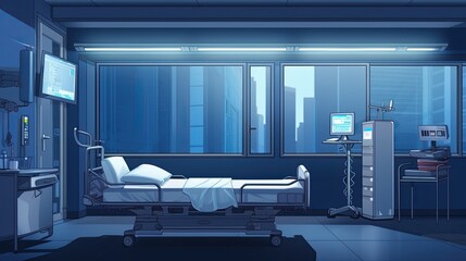 Medical room with hospital bed and modern equipment.