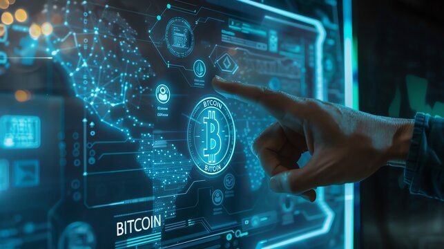 Businessman presenting bitcoin icon on modern technology