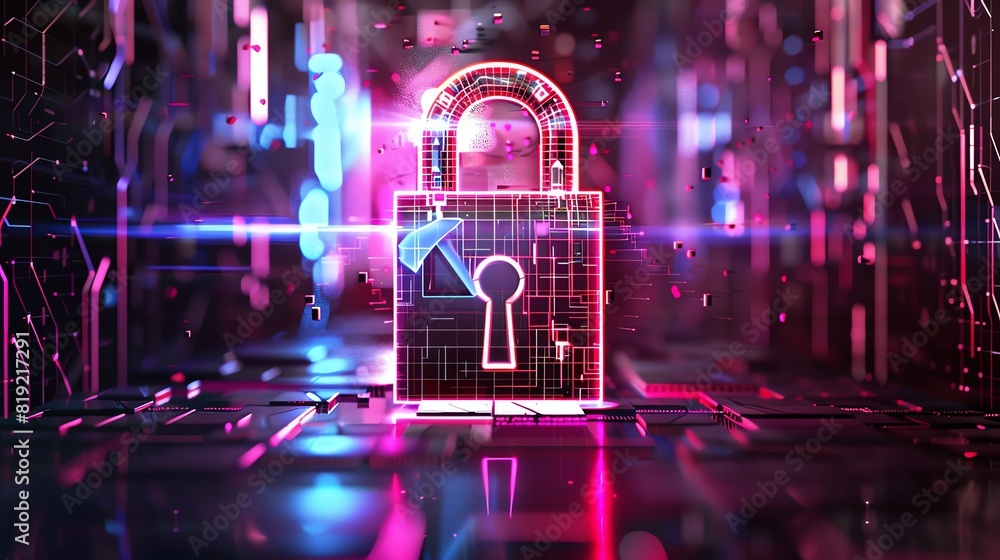 Poster digital padlock with neon colors symbolizing cybersecurity and data protection in a futuristic techn