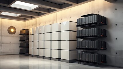 Server room with row of server racks in modern building