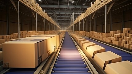 Fototapeta premium A conveyor belt in a warehouse with boxes