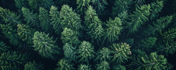 beautiful pine trees at mountain forest. aerial view top angle.