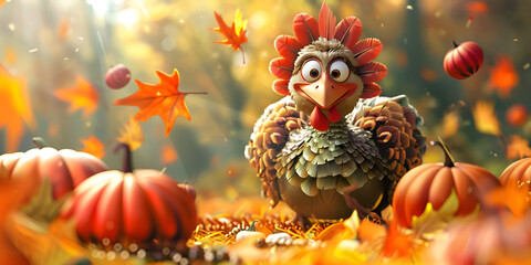 Animated illustration of funny thanksgiving turkey thanksgiving day character
