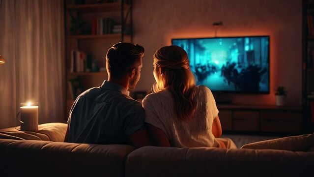 Couple Relaxing on Sofa Watching TV with Candlelight