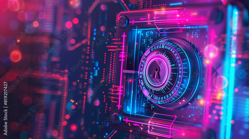 Poster futuristic digital lock with neon lights and abstract technology background, symbolizing cybersecuri