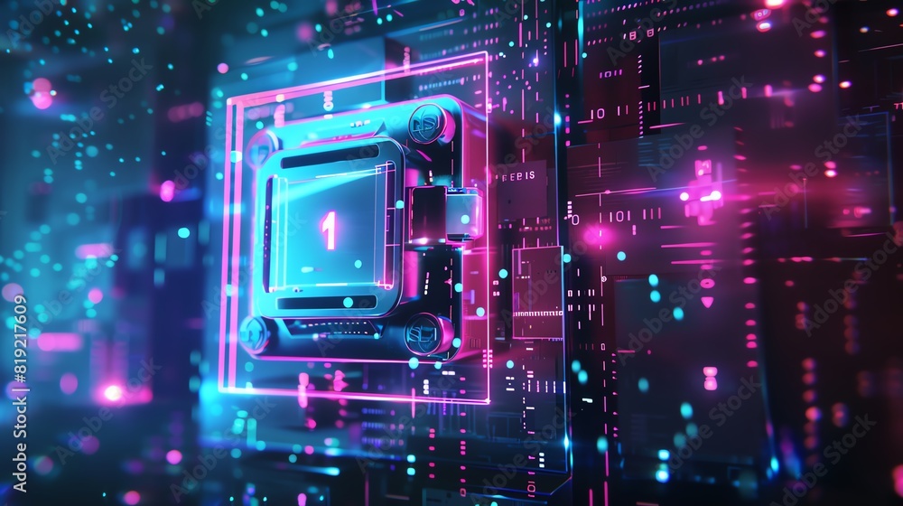 Poster futuristic digital microchip with neon lights. concept of advanced technology, data processing, and 