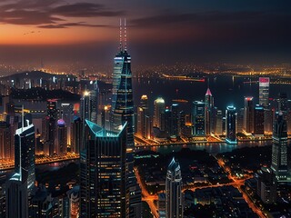 Obraz premium New overhead view of a bustling city at night featuring illuminated skyscrapers busy streets and vibrant city lights