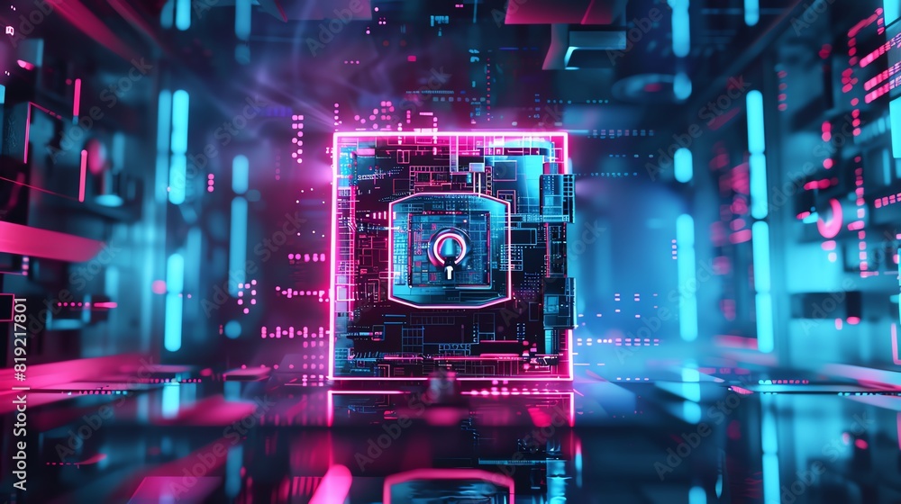 Aufkleber futuristic digital technology concept with glowing circuitry and microchip pattern in blue and pink 