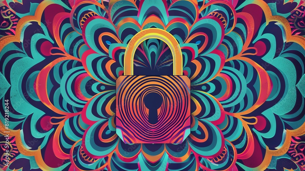 Poster vibrant padlock illustration with a colorful abstract pattern background, symbolizing security and a