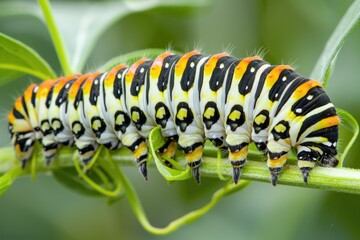Fototapeta premium Detailed shot of a caterpillar on a green leaf. Suitable for educational materials