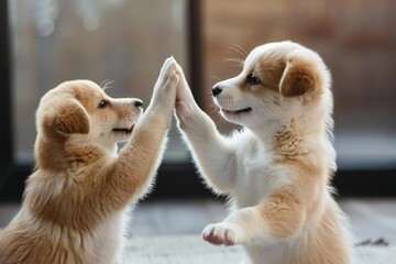 Five diverse young dogs collaborate in high-spirited office teamwork