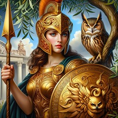 Athena, the Greek goddess of wisdom and war, in a golden helmet and armor, with spear and the Aegis shield. An owl symbolizing her deep connection to wisdom. Olive tree. Olympian. Generative AI
