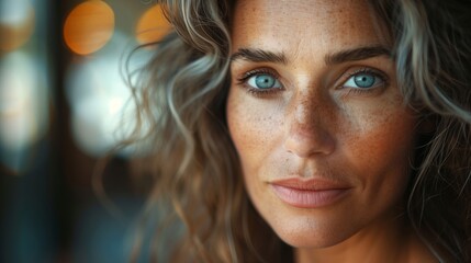 Detailed close up shot of a woman with striking blue eyes looking directly at the camera - Powered by Adobe