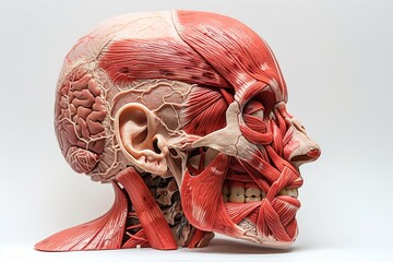 Detailed model showing the anatomy of the head and neck, including muscles, nerves, and bones