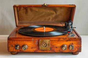 An old-fashioned record player housed in a classic wooden case, ready to play music from vinyl records